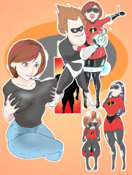 Rule 34 | 2girls, bodysuit, boots, breast envy, grabbing another&#039;s breast, breasts, brown eyes, brown hair, clenched teeth, closed eyes, cropped legs, crossed legs, crying, domino mask, elastigirl, full body, gloves, grabbing, grabbing own breast, gradient background, groping, hand up, helen parr, highres, large breasts, latex, latex suit, laughing, mask, mature female, mother and daughter, multiple girls, multiple views, open mouth, restrained, short hair, simple background, sitting, smile, squatting, standing, teeth, the incredibles, thick thighs, thigh boots, thighhighs, thighs, violet parr, wan (13070284)