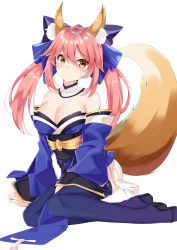 Rule 34 | 1girl, absurdres, animal ears, bad id, bad pixiv id, bare shoulders, bow, breasts, catnnn, cleavage, closed mouth, commentary, detached sleeves, fate/extra, fate (series), fox ears, fox girl, fox tail, frown, hair between eyes, hair bow, hair ribbon, highres, japanese clothes, kimono, kneeling, large breasts, long hair, looking at viewer, pink hair, revision, ribbon, simple background, solo, tail, tamamo (fate), tamamo no mae (fate/extra), twintails, white background, yellow eyes