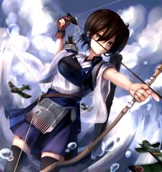 Rule 34 | 10s, 1girl, aircraft, armor, arrow (projectile), black hair, black thighhighs, blue skirt, bow, bow (weapon), breastplate, brown eyes, cowboy shot, day, drawing bow, dutch angle, hair bow, highres, holding, holding bow (weapon), holding weapon, japanese clothes, kaga (kancolle), kantai collection, kimono, miniskirt, nekohashi, outdoors, pleated skirt, short hair, skirt, solo, standing, thighhighs, weapon, white kimono, zettai ryouiki