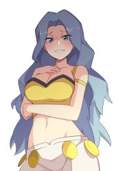 Rule 34 | 1girl, blush, breasts, cleavage, commentary request, creatures (company), elite four, from below, game freak, grey eyes, grey hair, highres, karen (pokemon), kiwi of ruin, korean commentary, long hair, looking at viewer, midriff, navel, nintendo, pants, parted lips, pokemon, pokemon hgss, raised eyebrows, simple background, smile, solo, very long hair, white background, white pants