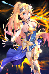 Rule 34 | 1girl, armor, armpits, bianka durandal ataegina, bianka durandal ataegina (dea anchora), blonde hair, blue eyes, breasts, cleavage, closed mouth, fingerless gloves, fire, gauntlets, gloves, greaves, hair between eyes, hair ornament, highres, holding, holding polearm, holding weapon, honkai (series), honkai impact 3rd, lanceralter1, leg up, long hair, looking at viewer, outstretched arm, polearm, ponytail, sleeveless, solo, spear, weapon