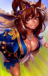 1girl amulet animal_ears blue_dress blurry breasts brown_hair chain cleavage depth_of_field dress female_focus gold_chain hair_ornament hairclip highres horse_ears horse_girl king_halo_(umamusume) large_breasts leg_ribbon long_hair parted_lips red_eyes ribbon smile soft_focus solo tan thigh_ribbon umamusume voodoothur