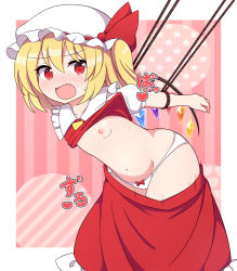 Rule 34 | 1girl, arms up, ascot, blonde hair, blush, bow, bow panties, breasts, clothes lift, clothes pull, collar, collared shirt, commentary request, fang, flandre scarlet, frilled collar, frilled shirt collar, frilled skirt, frills, furrowed brow, hair between eyes, hands up, hat, hat ribbon, heart, looking to the side, mob cap, nipples, one breast out, one side up, open mouth, panties, pink background, puffy short sleeves, puffy sleeves, red eyes, red ribbon, red skirt, red vest, restrained, ribbon, rizento, rope, shirt, shirt lift, short hair, short sleeves, skirt, skirt pull, small breasts, solo, standing, star (symbol), striped, striped background, touhou, underwear, vest, white background, white hat, white panties, white shirt, yellow ascot