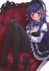 Rule 34 | 1girl, :o, absurdres, animal, black cat, black pantyhose, blue hair, blunt bangs, blush, bow, bowtie, cat, couch, dress, eluthel, feet, frilled dress, frilled hairband, frilled skirt, frills, full body, gothic lolita, hairband, highres, idolmaster, idolmaster cinderella girls, knees up, legs, lolita fashion, lolita hairband, long hair, long sleeves, looking at viewer, no shoes, non-web source, open mouth, pantyhose, pero (idolmaster cinderella girls), puffy sleeves, red eyes, sajo yukimi, scan, shirt, simple background, sitting, skirt, solo, toes, white background, white shirt