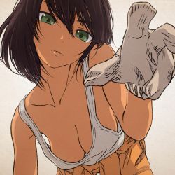 Rule 34 | 10s, 1girl, akagi (fmttps), all fours, bare arms, bare shoulders, black hair, breasts, cleavage, closed mouth, clothes pull, collarbone, dark-skinned female, dark skin, downblouse, female focus, from below, girls und panzer, gloves, green eyes, hair between eyes, hand up, hanging breasts, head tilt, hoshino (girls und panzer), jumpsuit, large breasts, mechanic, neck, no bra, one-hour drawing challenge, orange jumpsuit, shirt, shirt pull, short hair, simple background, solo, tank top, white gloves, white shirt