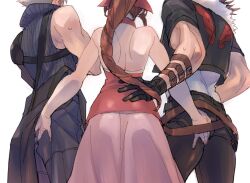 Rule 34 | 1girl, 2boys, aerith gainsborough, arm strap, armor, ass grab, assertive female, backless dress, backless outfit, bare arms, bare shoulders, belt, black gloves, black jacket, black pants, blonde hair, braid, braided ponytail, brown hair, cloud strife, cowboy shot, cropped jacket, crossed arms, dress, facing away, female pervert, final fantasy, final fantasy vii, final fantasy vii advent children, final fantasy viii, from behind, gloves, grey shirt, hair ribbon, halter dress, halterneck, hand on another&#039;s ass, hand on another&#039;s waist, jacket, kingdom hearts, kingdom hearts ii, long dress, long hair, medium hair, multiple belts, multiple boys, pants, pervert, pink dress, pink ribbon, ribbon, ryouto, shirt, short hair, short sleeves, shoulder armor, single bare shoulder, single braid, squall leonhart, sweatdrop, toned, toned male, waist cape, white background, white shirt