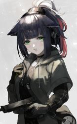 Rule 34 | 1girl, animal ears, arknights, bad id, bad pixiv id, black choker, black gloves, black hair, cat ears, choker, commentary, gloves, green eyes, grey background, grey jacket, gun, hand on own chest, handgun, headphones, highres, holding, holding gun, holding weapon, jacket, jessica (arknights), kuroge (kewagyuu), left-handed, long sleeves, looking at viewer, open clothes, open jacket, pistol, short hair, simple background, solo, upper body, weapon