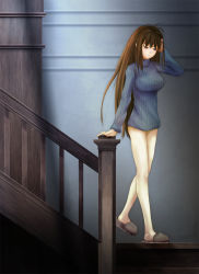 Rule 34 | 1girl, ame-kan, aozaki aoko, blue eyes, breasts, brown hair, highres, large breasts, long hair, mahou tsukai no yoru, no pants, ribbed sweater, slippers, solo, stairs, sweater, turtleneck