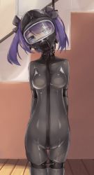 Rule 34 | 1girl, a30184112, arms behind back, black bodysuit, blue eyes, bodysuit, bow, collar, gas mask, hair bow, highres, indoors, latex, latex bodysuit, looking at viewer, mask, medium hair, original, purple hair, restrained, solo, standing, twintails, upper body