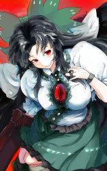 Rule 34 | 1girl, arm cannon, bird wings, black hair, black wings, bow, bracelet, commentary request, covered erect nipples, eyeball, grin, hair bow, highres, jewelry, long hair, puffy short sleeves, puffy sleeves, red eyes, reiuji utsuho, short sleeves, sinzan, skirt, smile, solo, third eye, touhou, weapon, wings