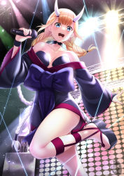 Rule 34 | 1girl, bare shoulders, black choker, black kimono, blonde hair, blue eyes, blunt bangs, blush, braid, breasts, breasts apart, choker, cleavage, collar, collarbone, fake horns, highres, holding, holding microphone, horns, japanese clothes, kimono, large breasts, laser, long hair, long sleeves, looking ahead, looking at viewer, microphone, music, obi, off shoulder, oni horns, open mouth, paripi koumei, platform footwear, sandals, sash, sidelocks, singing, smile, solo, stage, stage lights, standing, standing on one leg, thighs, tsukimi eiko, twin braids, wide sleeves, zaregoto tsukai no deshi