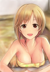 Rule 34 | 1girl, :d, aiba yumi, armpits, bare arms, bare shoulders, bathing, blonde hair, blurry, blurry background, blush, breasts, brown eyes, cleavage, collarbone, depth of field, idolmaster, idolmaster cinderella girls, leaning forward, looking at viewer, medium breasts, naked towel, nannacy7, onsen, open mouth, partially submerged, short hair, smile, solo, steam, tareme, towel, upper body, water, water drop, wet