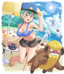 Rule 34 | 1girl, absurdres, alternate costume, beach, beach umbrella, blue headwear, breasts, brown eyes, cleavage, cloud, collarbone, commentary request, creatures (company), cup, day, drinking straw, eyelashes, food, fruit, game freak, gen 7 pokemon, glass, green hair, gumshoos, hair between eyes, hand on headwear, hat, highres, holding, holding cup, jenny (pokemon), knees, leaning forward, leg up, lemon, lemon slice, liquid, long hair, navel, nihilego, nintendo, open mouth, outdoors, palm tree, pokemoa, pokemon, pokemon (anime), pokemon (creature), pokemon sm (anime), pyukumuku, sand, sandals, shore, short shorts, shorts, sky, standing, table, toes, tongue, tree, ultra beast, umbrella, water, yellow footwear