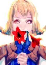 Rule 34 | 1girl, blonde hair, braid, brown eyes, final fantasy, final fantasy xii, flower, highres, long hair, looking at viewer, penelo, red flower, simple background, siotomato, solo, twin braids, twintails, white background