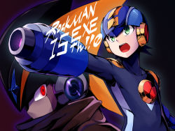 Rule 34 | 2boys, bass.exe (mega man), bass (mega man), blue eyes, character name, clip studio paint (medium), collarbone, copyright name, covered collarbone, english text, ginopi, glowing, glowing eyes, green eyes, hatching (texture), helmet, male focus, mega man (series), mega man battle network, mega man battle network (series), megaman.exe, multiple boys, open mouth, outline, teeth, tongue, upper body, upper teeth only, weapon
