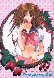 Rule 34 | 00s, 1girl, bra, brown eyes, brown hair, food, frilled bra, frilled panties, frills, fruit, highres, holding, holding food, holding fruit, ichigo 100 percent, jpeg artifacts, kitaooji satsuki, lingerie, long hair, midriff, no pants, open clothes, open shirt, panties, pink bra, pink panties, polka dot, polka dot bra, polka dot panties, school uniform, serafuku, shirt, solo, strawberry, suzuhira hiro, twintails, underwear