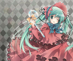 Rule 34 | 1girl, :p, ;p, argyle, argyle background, argyle clothes, bad id, bad pixiv id, bonnet, bow, cane, cosplay, dress, green eyes, green hair, hatsune miku, long hair, matching hair/eyes, one eye closed, purinpurin, rozen maiden, shinku, shinku (cosplay), solo, tongue, tongue out, twintails, vocaloid, wink