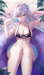Rule 34 | 1girl, bare arms, bare shoulders, bikini, black bikini, breasts, feet out of frame, fingernails, food, genshin impact, grey hair, hair ornament, highres, holding, holding food, holding popsicle, i ruru, innertube, large breasts, long hair, looking at viewer, nail polish, navel, popsicle, purple eyes, skirk (genshin impact), solo, stomach, swim ring, swimsuit, tongue, very long hair
