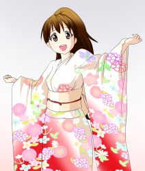 Rule 34 | 1girl, artist request, brown eyes, brown hair, gradient background, grin, japanese clothes, kimono, long hair, looking at viewer, open mouth, ponytail, taneshima popura, working!!