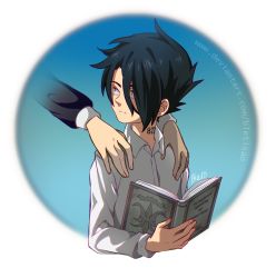 Rule 34 | 1boy, artist name, black eyes, black hair, bletisan, blouse, blue background, book, hands on shoulders, highres, holding, holding book, isabella (yakusoku no neverland), long sleeves, looking to the side, male focus, messy hair, mother and son, neck tattoo, number tattoo, open book, ray (yakusoku no neverland), shirt, simple background, tattoo, upper body, watermark, web address, white shirt, yakusoku no neverland