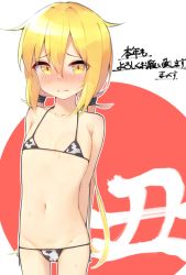 Rule 34 | 1girl, animal print, blonde hair, blush, bow, chinese zodiac, closed mouth, collarbone, cow print, cowboy shot, flat chest, groin, hair between eyes, highres, kantai collection, long hair, makkusu (max 101010), navel, nose blush, satsuki (kancolle), solo, translated, white bow, year of the ox, yellow eyes