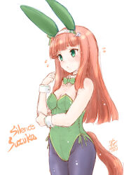 Rule 34 | animal ears, artist name, black pantyhose, blunt bangs, bow, bowtie, breasts, character name, cleavage, dated, detached collar, ear covers, fake animal ears, flying sweatdrops, green bow, green bowtie, green eyes, green leotard, horse tail, koshigaya tatsumi, leotard, long hair, orange hair, pantyhose, playboy bunny, rabbit ears, silence suzuka (umamusume), simple background, small breasts, strapless, strapless leotard, tail, umamusume, white background, wrist cuffs