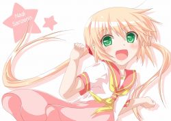 Rule 34 | 1girl, bad hands, blonde hair, character name, artistic error, green eyes, hayate no gotoku!, kagerou (kers), kers, long hair, looking at viewer, open mouth, sanzen&#039;in nagi, school uniform, serafuku, simple background, smile, solo, star (symbol), twintails, white background, wrong hand