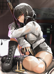 Rule 34 | 1girl, black footwear, black hair, black shorts, blunt bangs, boots, breasts, bullet, commission, cross-laced footwear, genek, gun, highres, jacket, lace-up boots, large breasts, long hair, long sleeves, original, pixiv commission, red eyes, rifle, short shorts, shorts, sitting, weapon, white jacket