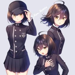 Rule 34 | 1girl, :o, ahoge, baseball cap, black hair, black skirt, blue hair, bob cut, breasts, buttons, collared jacket, collared shirt, danganronpa (series), danganronpa v3: killing harmony, detective, determined, double-breasted, foot out of frame, from side, genderswap, genderswap (mtf), hair between eyes, hat, jacket, long sleeves, looking at viewer, looking to the side, miniskirt, open mouth, pleated skirt, saihara shuichi, school uniform, shirt, short hair, skirt, small breasts, striped clothes, striped jacket, teeth, thighs, third-party source, uniform, upper body, upper teeth only, yellow eyes