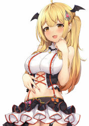 Rule 34 | 1girl, ahoge, bare shoulders, blonde hair, blush, breasts, crop top, fang, gothic lolita, hair between eyes, hair ornament, hairclip, hand up, head wings, heart, highres, hololive, large breasts, layered skirt, lolita fashion, long hair, looking at viewer, midriff, miniskirt, navel, open mouth, pak ce, sidelocks, skin fang, skirt, smile, solo, suspender skirt, suspenders, twintails, vampire, virtual youtuber, wings, yellow eyes, yozora mel, yozora mel (5th costume)