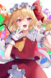 Rule 34 | 1girl, absurdres, ascot, blonde hair, crystal wings, fang, flandre scarlet, hat, hat ribbon, highres, mob cap, open mouth, puffy short sleeves, puffy sleeves, red eyes, red ribbon, red skirt, red vest, ribbon, shirt, short sleeves, skirt, skirt set, solo, touhou, usushio, vest, white hat, white shirt, wrist cuffs, yellow ascot