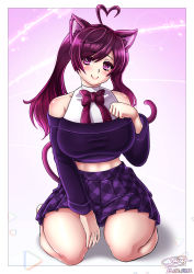 Rule 34 | 1girl, absurdres, ahoge, animal ears, bare shoulders, barefoot, bow, bowtie, breasts, cat ears, cat tail, full body, heart, heart ahoge, heart hair, highres, indie virtual youtuber, large breasts, midriff, paw pose, pink background, plaid, plaid bow, plaid bowtie, plaid skirt, purple eyes, purple hair, purple skirt, purple top, saralene, sitting, skirt, smile, solo, star (symbol), star eyes, star in eye, symbol in eye, tail, taiyudraws, thighs, twintails, virtual youtuber