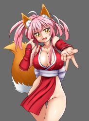 Rule 34 | 10s, 4chan, animal ear fluff, animal ears, asortofcolorfag, breasts, cleavage, cosplay, detached sleeves, fang, fate/extra, fate (series), female pubic hair, fox ears, fox tail, grey background, high ponytail, highres, japanese clothes, large breasts, ninja, no panties, open mouth, pink hair, ponytail, pubic hair, revealing clothes, shiranui mai, shiranui mai (cosplay), simple background, solo, tail, tamamo (fate), tamamo no mae (fate/extra), the king of fighters, yellow eyes