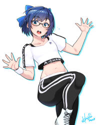 Rule 34 | 1girl, a-chan (hololive), black-framed eyewear, black bra, black pants, blue bow, blue eyes, blue hair, blush, bow, bra, bra strap, breasts, character name, clothes writing, commentary, copyright name, cropped shirt, cross-laced footwear, dated, drop shadow, foot out of frame, glasses, hair bow, highres, hololive, hololive dance practice uniform, hori shin, looking at viewer, navel, official alternate costume, open hands, open mouth, outstretched arms, pants, semi-rimless eyewear, shirt, shoes, short hair, signature, simple background, small breasts, solo, standing, standing on one leg, stomach, sweatband, teeth, underwear, upper teeth only, virtual youtuber, white background, white footwear, white shirt, yoga pants