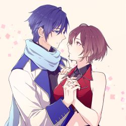Rule 34 | 1boy, 1girl, adapted costume, alternate costume, blue eyes, blue hair, brown eyes, brown hair, coat, couple, crop top, hetero, holding hands, kaito (vocaloid), long sleeves, looking at another, meiko (vocaloid), scarf, short hair, sleeveless, vocaloid, xxxxxxxxxlr