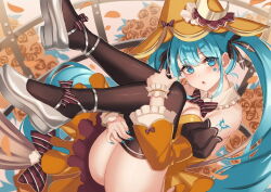 Rule 34 | :o, arm tattoo, black bow, black bowtie, black ribbon, black thighhighs, blue eyes, blue hair, blue nails, bow, bowtie, breasts, commentary, cross, cross earrings, dangle earrings, detached collar, detached sleeves, dress, earrings, english commentary, facial mark, flower, frilled sleeves, frilled wristband, frills, hair between eyes, hair ribbon, halloween, hat, hatsune miku, inue ao, jewelry, legs up, long hair, looking at viewer, nail polish, no panties, orange dress, orange flower, orange hat, petals, puffy sleeves, ribbon, shoes, sitting, star (symbol), star facial mark, striped bow, striped bowtie, striped clothes, tattoo, thighhighs, thighs, twintails, very long hair, vocaloid, white footwear, witch hat, wristband