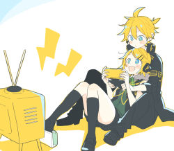 Rule 34 | 1boy, 1girl, black jacket, black socks, blonde hair, blue eyes, blush, brother and sister, chin rest, commentary, green shirt, hair ornament, hairclip, handheld game console, head on head, head rest, headphones, holding, holding handheld game console, jacket, kagamine len, kagamine rin, kneehighs, neckerchief, open mouth, project diva (series), receiver (module), remote control (vocaloid), shirt, siblings, sitting, sitting on lap, sitting on person, smile, socks, suzumi (fallxalice), swept bangs, television, transmitter (module), twins, vocaloid
