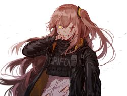 Rule 34 | 1girl, armband, black gloves, blood, brown eyes, brown hair, damaged, deep wound, fingerless gloves, floating hair, girls&#039; frontline, gloves, gun, h&amp;k ump, h&amp;k ump, hair between eyes, hair ornament, hand to own mouth, heckler &amp; koch, holding, holding gun, holding weapon, hood, hood down, hooded jacket, injury, jacket, load bearing vest, long hair, looking at viewer, one eye closed, one side up, open clothes, open jacket, scar, scar across eye, scar on face, scarf, silence girl, simple background, smile, submachine gun, torn clothes, ump45 (girls&#039; frontline), weapon, white background, wind, wind lift, yellow eyes