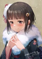 Rule 34 | 1girl, 2023, ano ko wa toshi densetsu, black hair, black kimono, blush, brown background, chinese zodiac, closed mouth, commentary request, floral print, flower, fur collar, gomennasai, hair flower, hair ornament, hairclip, hands up, happy birthday, highres, japanese clothes, kimono, long sleeves, looking at viewer, nengajou, new year, obi, print kimono, red eyes, sash, smile, solo, steepled fingers, upper body, wide sleeves, year of the rabbit, yellow flower, zangyaku-san
