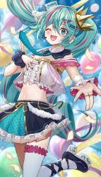 Rule 34 | 1girl, ;d, blue eyes, blue hair, blue nails, blue necktie, blush, crown, earrings, flower earrings, hand on own chest, hatsune miku, headset, highres, jewelry, kashiwagi touko, midriff, multicolored hair, necktie, one eye closed, open mouth, ring, skirt, smile, standing, standing on one leg, streaked hair, vocaloid