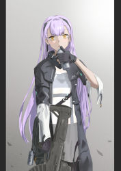 Rule 34 | 1girl, ak-alfa, ak-alfa (girls&#039; frontline), black gloves, bottle, drink, earrings, flatbox, girls&#039; frontline, gloves, grey background, hairband, highres, holding, holding bottle, holding weapon, jacket, jewelry, long hair, looking at viewer, purple hair, solo, standing, uniform, weapon, yellow eyes