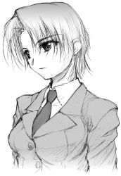 Rule 34 | 00s, 1girl, bazett fraga mcremitz, breasts, fate/hollow ataraxia, fate/stay night, fate (series), formal, greyscale, medium breasts, mole, mole under eye, monochrome, necktie, short hair, simple background, sketch, solo, suit, upper body, white background, yamaguchi homupe