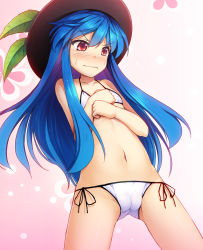 Rule 34 | 1girl, bare arms, bare shoulders, black headwear, blue hair, blush, bra, cameltoe, chima q, cleft of venus, commentary request, cowboy shot, flat chest, gluteal fold, gradient background, hands on own chest, highres, hinanawi tenshi, leaf, long hair, navel, nose blush, panties, pink background, red eyes, side-tie panties, sidelocks, solo, standing, stomach, sweat, tears, thighs, touhou, underwear, underwear only, v-shaped eyebrows, very long hair, white bra, white panties