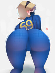 Rule 34 | 1girl, absurdres, all fours, ass, ass focus, bad id, bad twitter id, blue eyes, blue jumpsuit, brown hair, cameltoe, fallout (series), fallout 4, grey background, headband, heart, highres, jumpsuit, kneepits, long sleeves, looking at viewer, looking back, mask, mouth mask, postblue98, short hair, simple background, skin tight, solo, vault girl, vault suit