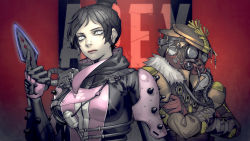Rule 34 | 1girl, 1other, ambiguous gender, apex legends, black hair, bloodhound (apex legends), bodysuit, breasts, crossed arms, fur trim, gas mask, hair behind ear, hair bun, helmet, highres, holding, holding knife, knife, kunai, looking at viewer, mask, medium breasts, mouth mask, no pupils, nose piercing, piercing, pink bodysuit, single hair bun, thinker 0616, void specialist wraith, weapon, white eyes, wraith (apex legends)