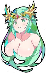 Rule 34 | 1girl, blush, breasts, circlet, cleavage, collarbone, cropped torso, enpe, female focus, green eyes, green hair, hair censor, hair over breasts, head tilt, highres, kid icarus, large breasts, long hair, looking at viewer, matching hair/eyes, nintendo, nude, palutena, parted bangs, parted lips, simple background, smile, solo, upper body, very long hair, white background