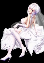 Rule 34 | 1girl, absurdres, azur lane, backless dress, backless outfit, black background, breasts, bridal veil, covered erect nipples, dress, flower, from behind, full body, gloves, gosama, halter dress, halterneck, high heels, highres, illustrious (azur lane), illustrious (morning star of love and hope) (azur lane), lace, lace-trimmed dress, lace-trimmed legwear, lace trim, large breasts, looking at viewer, looking back, official alternate costume, pumps, purple eyes, rose, shoes, simple background, solo, stiletto heels, thighhighs, tiara, veil, wedding dress, white dress, white flower, white footwear, white gloves, white hair, white rose, white thighhighs