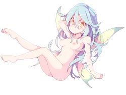 Rule 34 | 1girl, arm support, barefoot, blue hair, blush, breasts, brown eyes, butterfly wings, completely nude, fairy, fairy wings, female focus, frfr, hair between eyes, highres, insect wings, long hair, looking at viewer, medium breasts, navel, nipples, nude, original, simple background, smile, solo, white background, wings