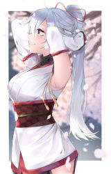 Rule 34 | 1girl, absurdres, arms up, artist name, bad id, bad pixiv id, blurry, blurry background, bow, breasts, detached sleeves, fate/grand order, fate (series), grey hair, hair bow, hair ribbon, highres, japanese clothes, kimono, long hair, petals, ponytail, red eyes, ribbon, short kimono, smile, snowflakes, snowing, solo, tomoe gozen (fate)