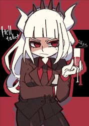 Rule 34 | 1girl, alcohol, black background, blunt bangs, brown jacket, brown necktie, brown pants, closed mouth, collared shirt, commentary, copyright name, cup, cupping glass, curled horns, demon horns, drinking glass, drop shadow, hand up, helltaker, highres, horns, jacket, long hair, lucifer (helltaker), mole, mole under eye, necktie, pants, red background, red eyes, red shirt, shirt, signature, sofra, solo, two-tone background, v-shaped eyebrows, very long hair, white hair, wine, wine glass